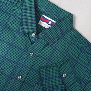 American Edition Men Sz L Flannel Shirt Teal Green Plaid Houndstooth Made in USA